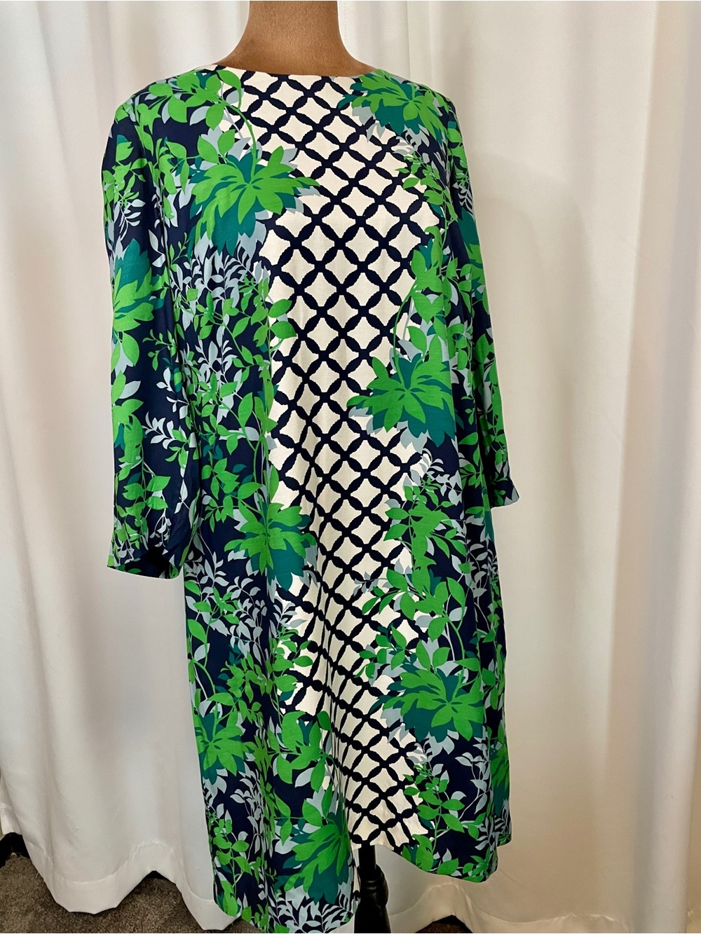 Boden Eliza Blue & Green Garden Lattice Silk Blend Dress Size 10